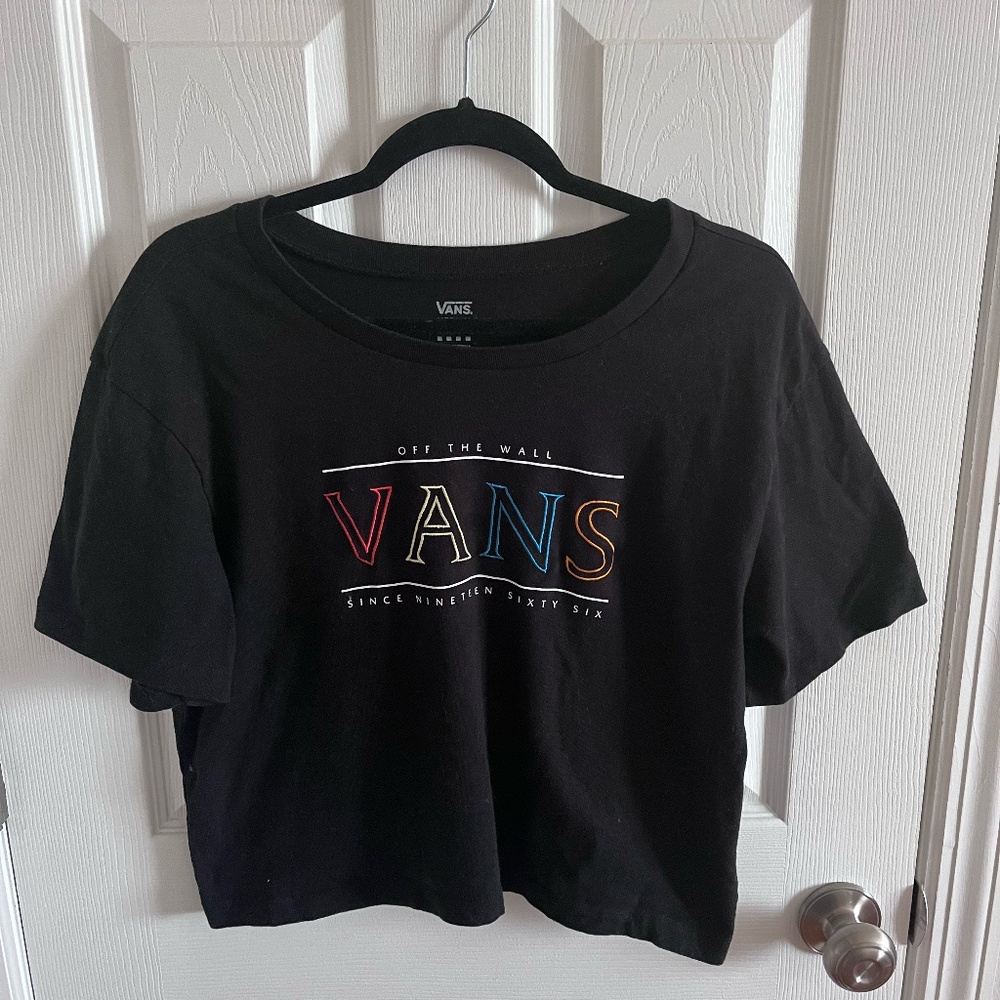 Vans Women's Size M Cropped Black T Shirt Embroidered Skater Cotton Tee Summer